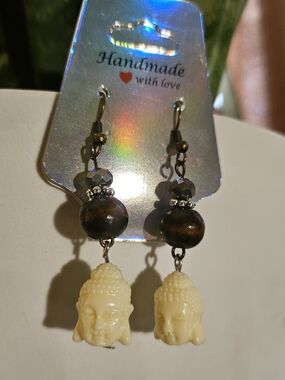 Handmade Cream Buddha Head Dangle Earrings